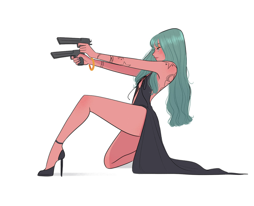 1girl, anklet, arm_tattoo, back_tattoo, bangle, bangs, black_dress, black_footwear, bracelet, dress, dual_wielding, green_eyes, green_hair, gun, handgun, high_heels, highres, holding, holding_gun, holding_weapon, isabel_(chabeescalante), jewelry, long_hair, one_knee, original, pistol, plunging_neckline, smile, solo, tattoo, weapon, white_background