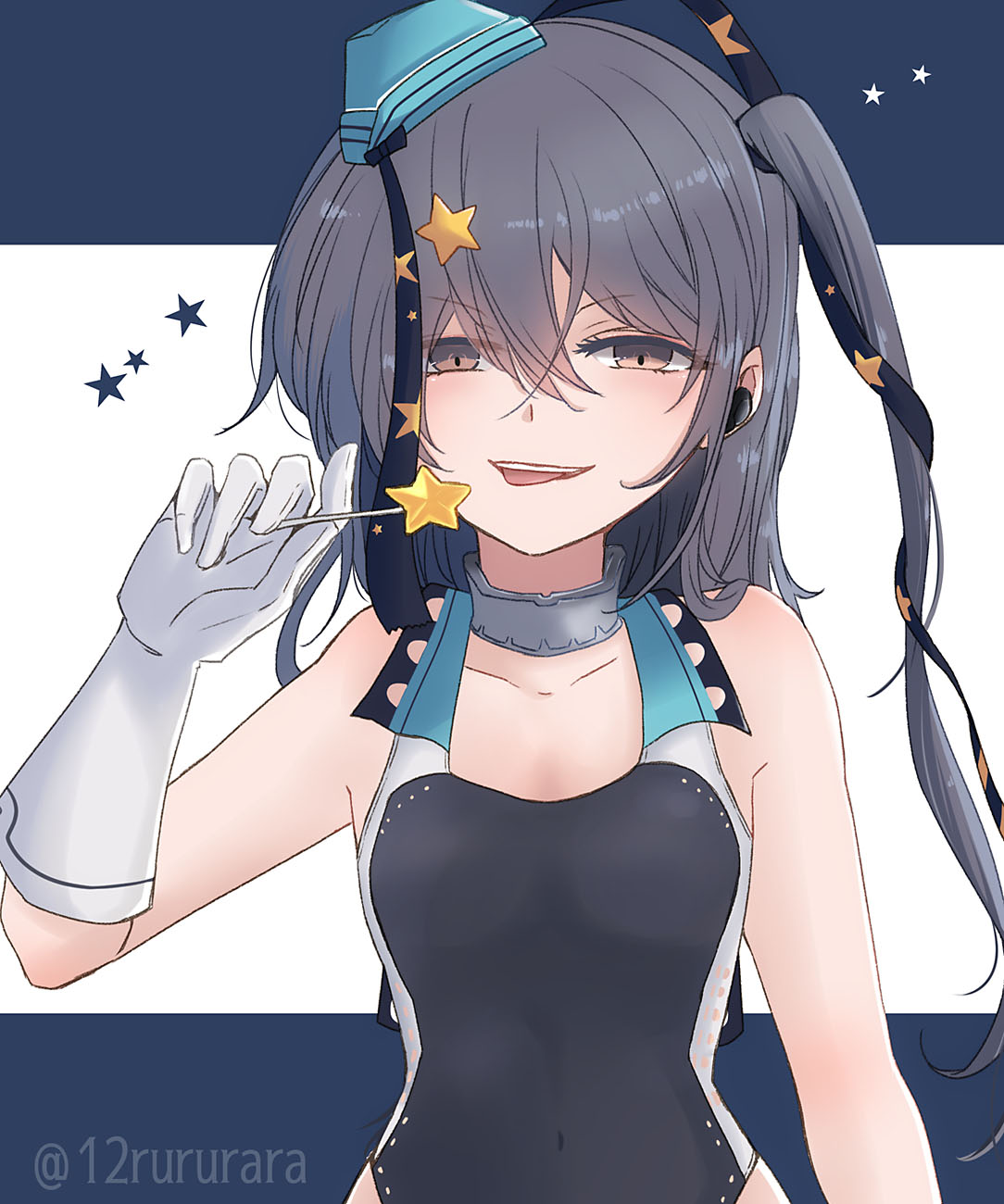 1girl, aqua_headwear, black_ribbon, black_swimsuit, breasts, candy, food, garrison_cap