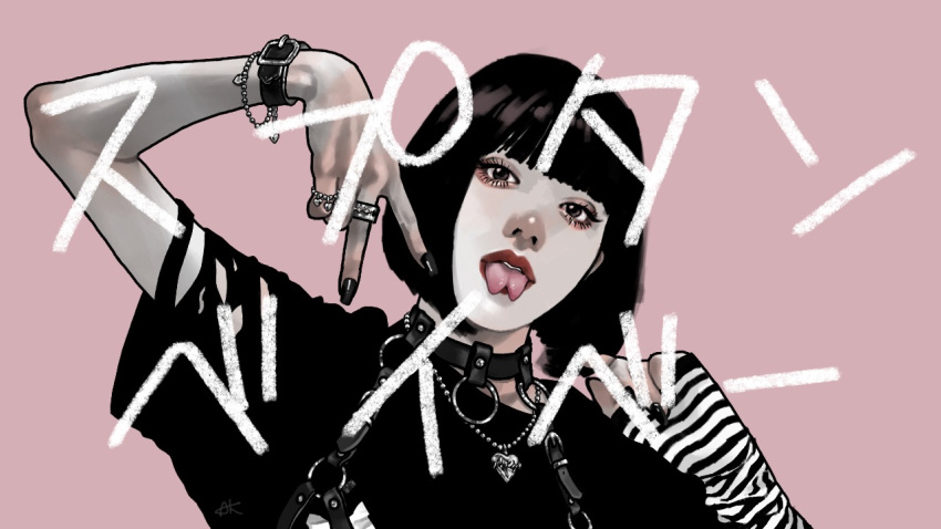 1girl, aoki_kouri, arms_up, bangs, black_eyes, black_hair, black_nails, blunt_bangs