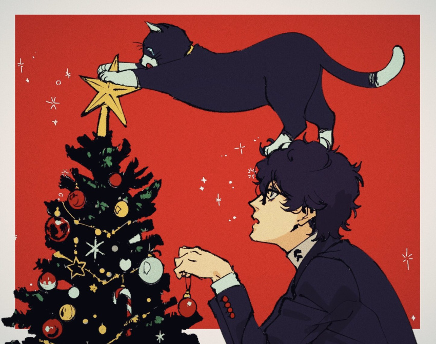 2boys, amamiya_ren, animal_on_head, black_cat, black_hair, black_jacket, blue_eyes, border