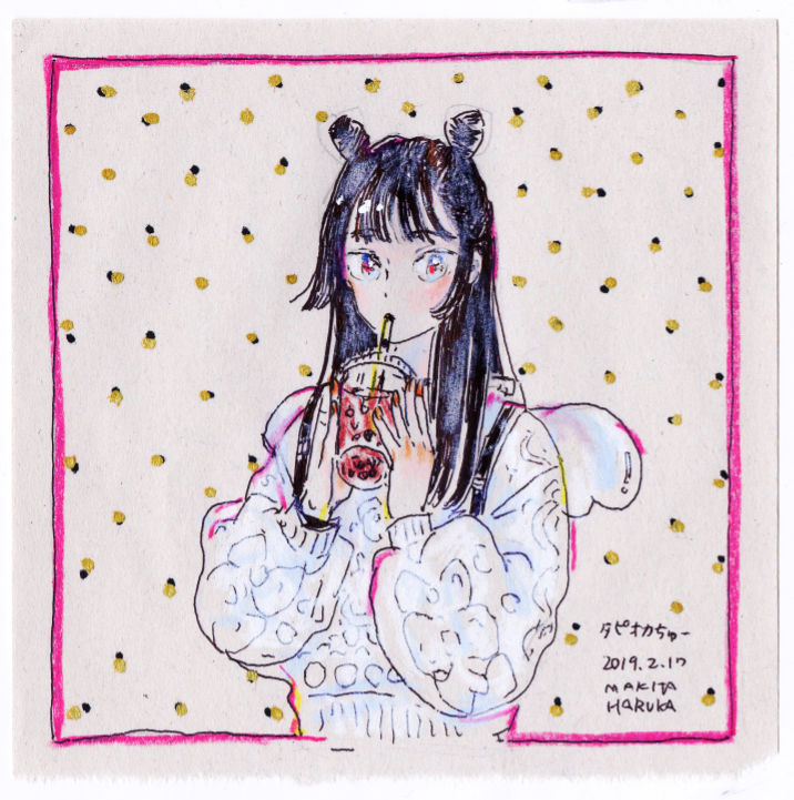 1girl, artist_name, black_hair, blue_eyes, border, cup, dated, disposable_cup