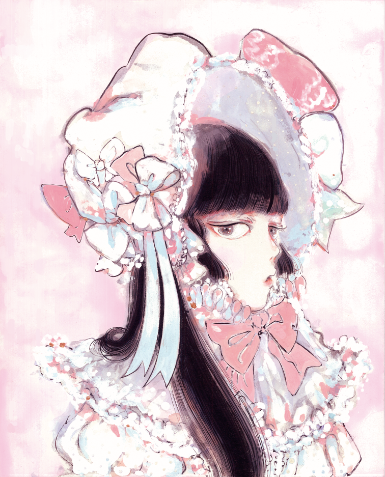 1girl, black_hair, bonnet, bow, brown_hair, capelet, frills, from_side