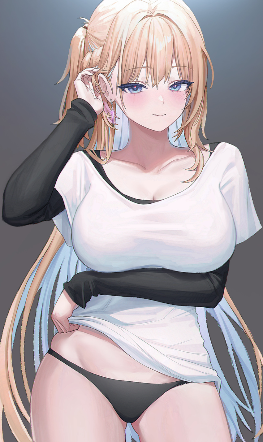 1girl, absurdres, arm_up, black_panties, black_shirt, blonde_hair, blue_eyes, breast_hold, breasts, bright_pupils, closed_mouth, collarbone, colored_inner_hair, commission, cowboy_shot, earrings, gradient, gradient_background, highres, jewelry, large_breasts, long_hair, long_sleeves, looking_at_viewer, multicolored_hair, no_pants, one_side_up, original, p00nipooni, panties, shirt, smile, solo, standing, undershirt, underwear, very_long_hair, white_shirt