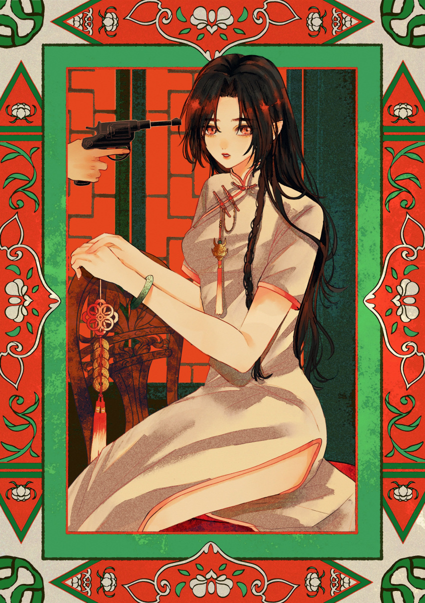 1girl, absurdres, amber_eyes, bangs, black_hair, bracelet, china_dress, chinese_clothes