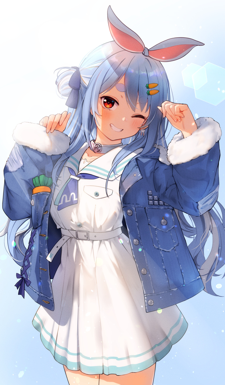 1girl, absurdres, animal_ears, bangs, belt, blue_background, blue_collar, blue_hair