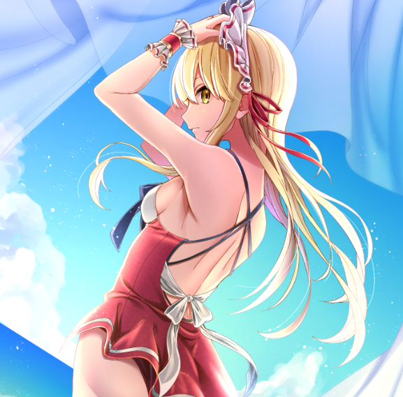 1girl, backless_dress, backless_outfit, blonde_hair, blue_sky, closed_mouth, clouds, dress