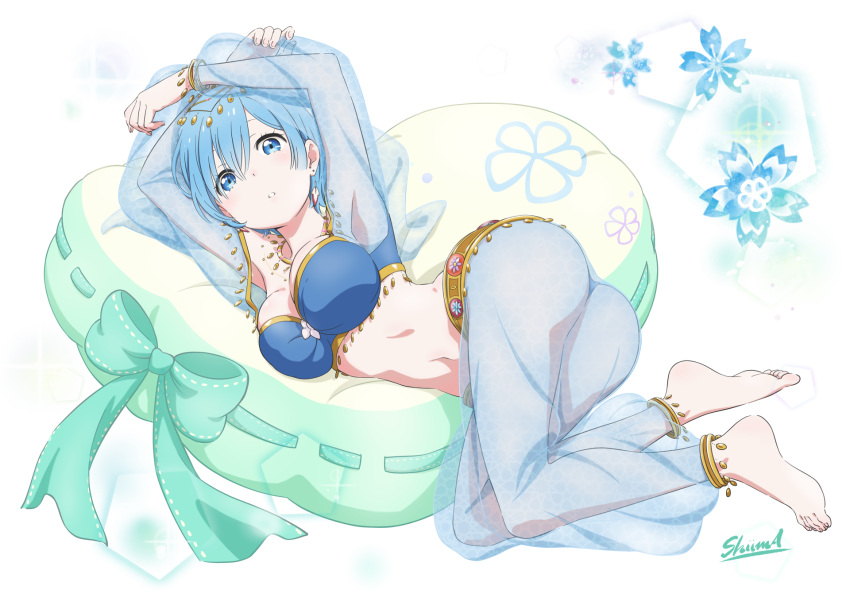 1girl, alternate_costume, anklet, arms_up, ass, bangs, barefoot, blue_bra, blue_eyes, blue_hair, blue_sleeves, bra, bracelet, breasts, earrings, full_body, hair_between_eyes, harem_outfit, highres, jewelry, large_breasts, long_sleeves, looking_at_viewer, lying, midriff, navel, necklace, on_side, parted_lips, re:zero_kara_hajimeru_isekai_seikatsu, rem_(re:zero), see-through_sleeves, shiima, shiny, shiny_hair, short_hair, signature, solo, stomach, strapless, strapless_bra, underwear, white_background
