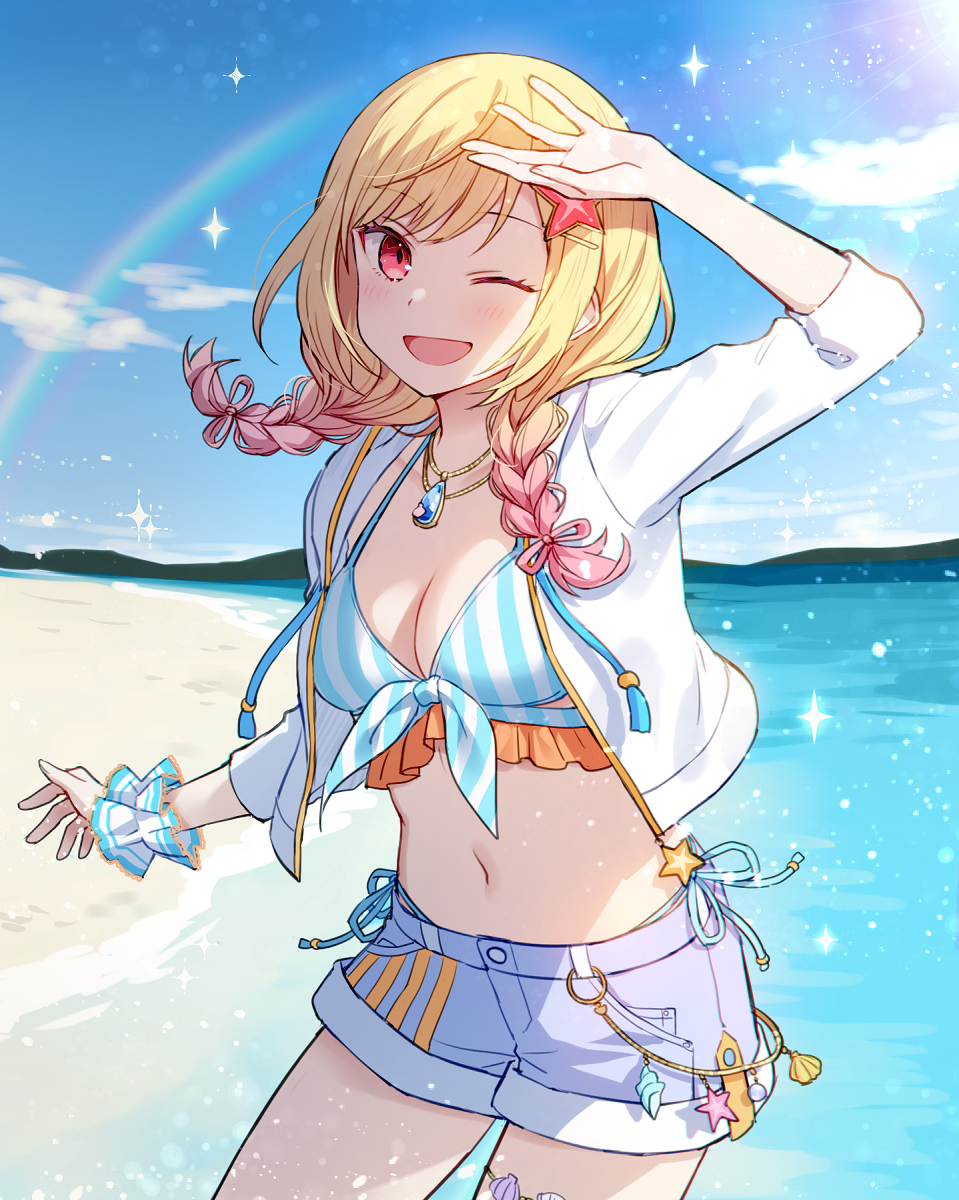 1girl, bangs, beach, bikini, bikini_under_clothes, blonde_hair, blue_bikini, blue_shorts