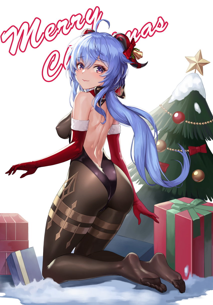 1girl, absurdres, ahoge, ass, back, backless_outfit, bangs, bell, black_legwear, blue_hair, blush, bodystocking, bodysuit, bound, bow, box, breasts, christmas, christmas_ornaments, christmas_tree, commentary, covered_nipples, curled_horns, elbow_gloves, eyebrows_visible_through_hair, feet, from_behind, full_body, ganyu_(genshin_impact), genshin_impact, gift, gift_box, gloves, gold_trim, hair_ornament, highres, horn_bell, horn_bow, horn_ornament, horns, karmiel, kneeling, leotard, long_hair, looking_at_viewer, looking_back, low_ponytail, medium_breasts, merry_christmas, multicolored_eyes, no_shoes, red_bow, red_gloves, sidelocks, smile, soles, solo, thighlet, thighs, very_long_hair, violet_eyes