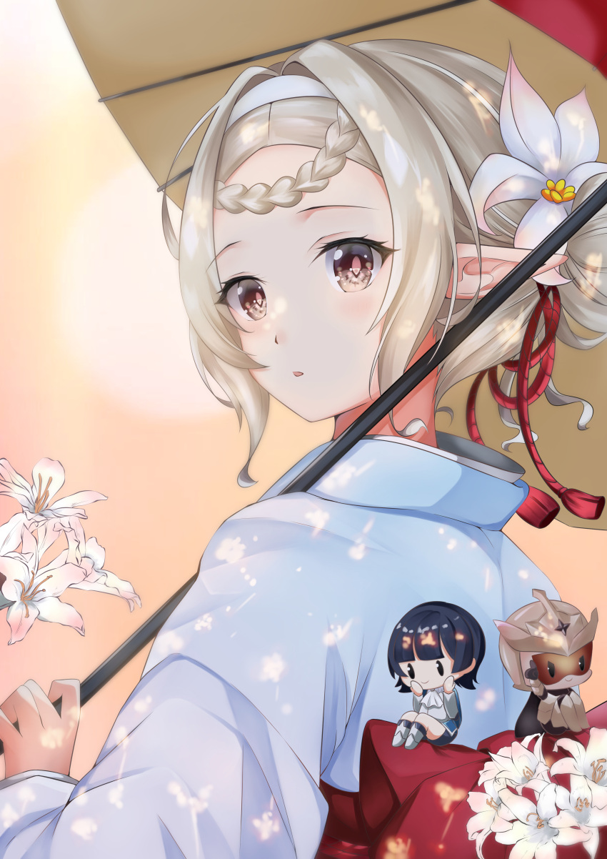 1boy, 2girls, absurdres, alexa_(epic_seven), black_eyes, blue_hair, boots, braid, braided_bangs, brown_eyes, cape, character_request, chibi, closed_mouth, elf, epic_seven, flower, hair_flower, hair_ornament, hairband, highres, holding, holding_umbrella, iseria_(epic_seven), japanese_clothes, kimono, luna_estia, multiple_girls, obi, open_mouth, orange_background, parasol, pointy_ears, red_sash, sash, simple_background, sitting, smile, solo_focus, umbrella, white_flower