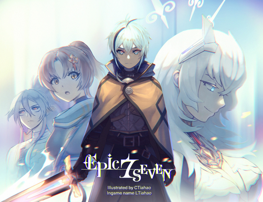 2boys, 2girls, adin_(epic_seven), adventurer_ras, bandaged_neck, bandages, belian_(epic_seven), belt