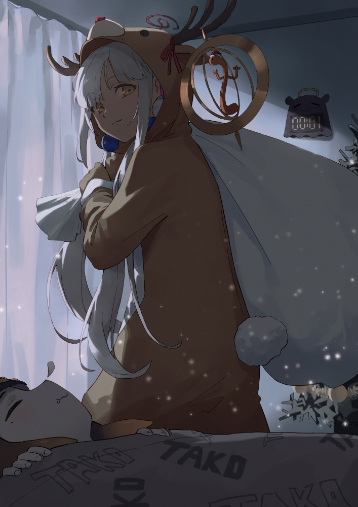 2girls, animal_costume, brown_eyes, christmas_tree, clock, dark-skinned_female, dark_skin, digital_clock