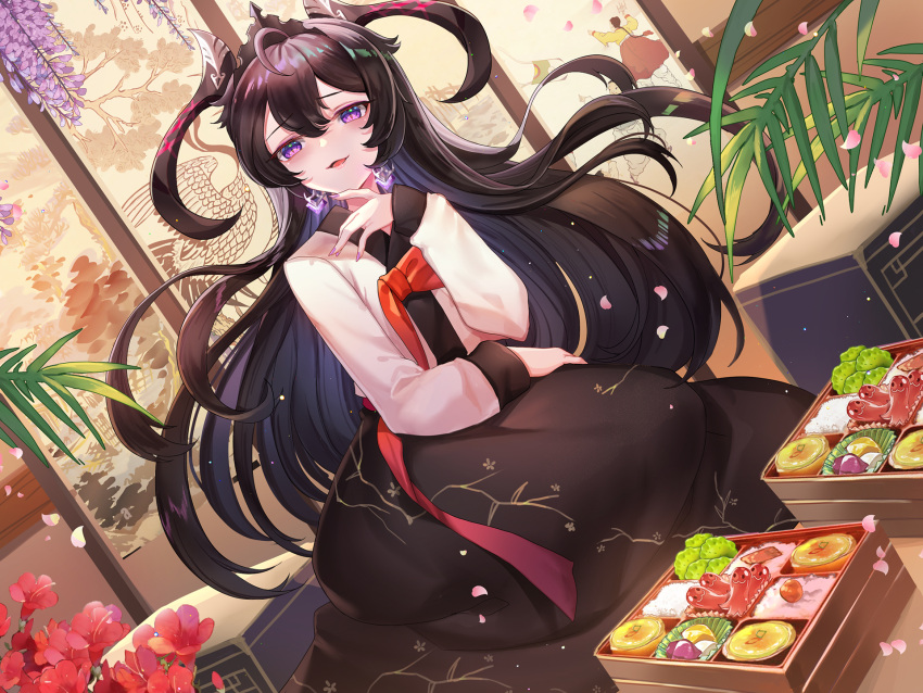 1girl, ahoge, bento, black_hair, earrings, epic_seven, flower, food