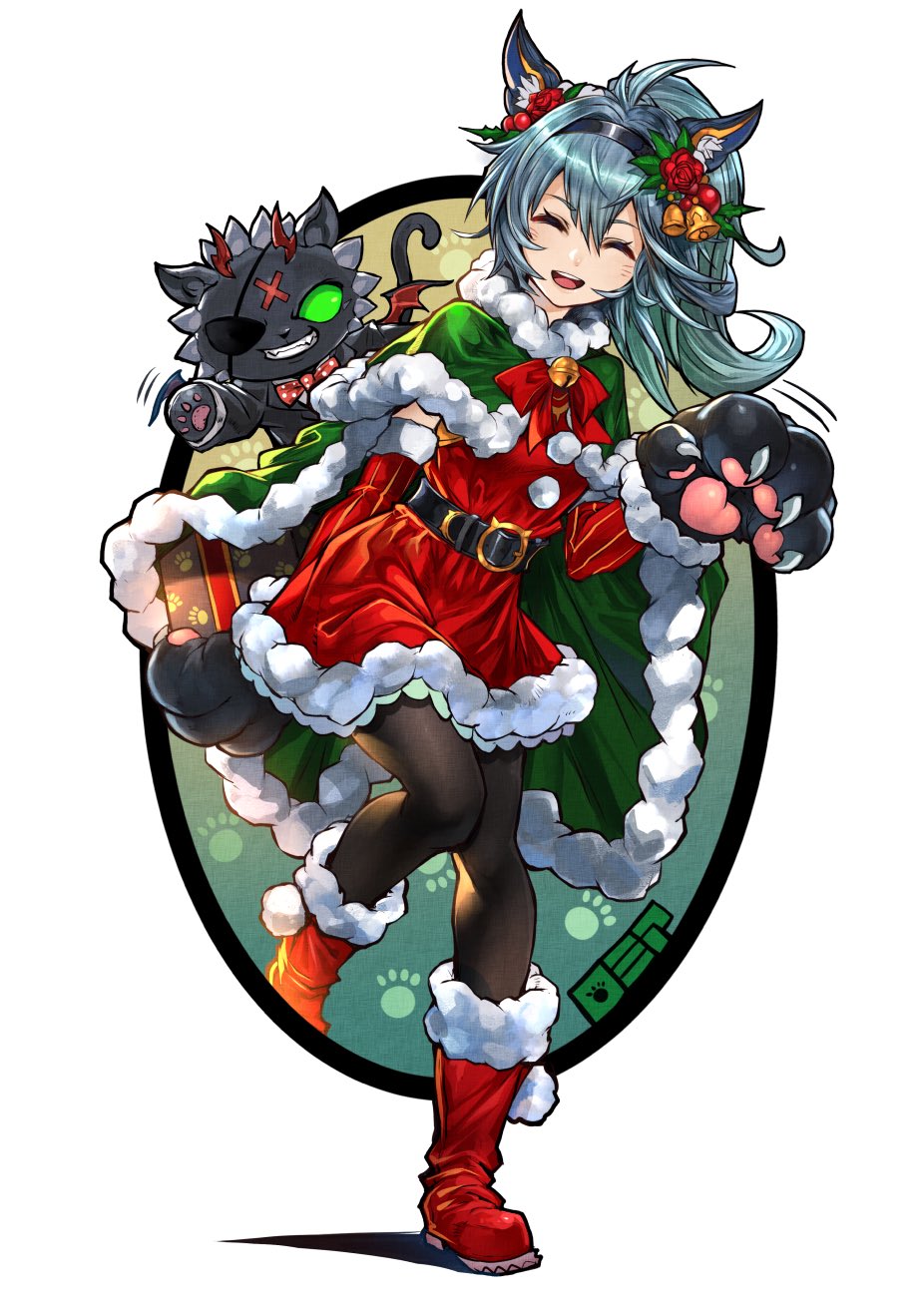 1girl, animal_ears, animal_hands, bangs, bell, belt, black_belt, black_hairband