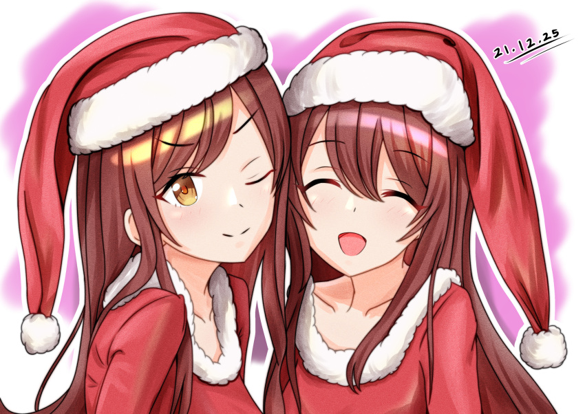 2girls, bangs, beret, blush, bow, brown_eyes, brown_hair, capelet