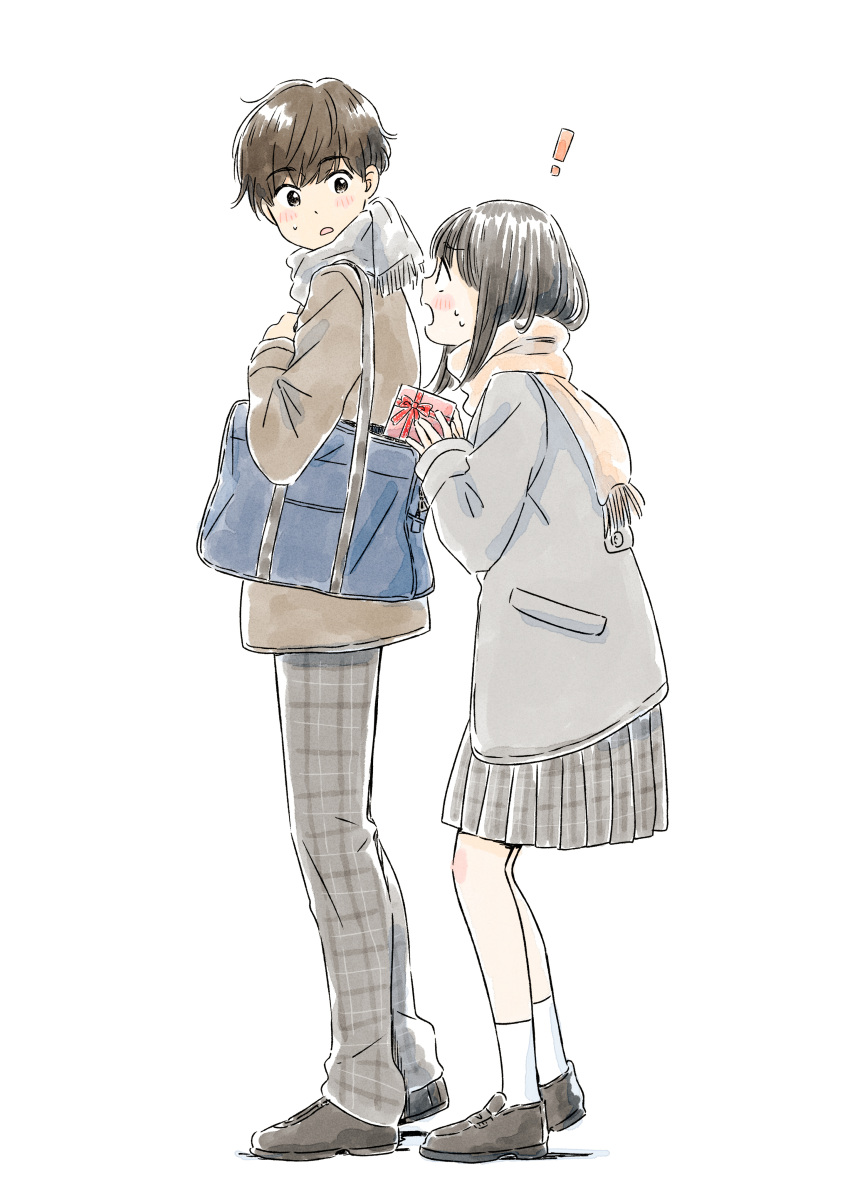 !, 1boy, 1girl, :o, absurdres, backlighting, bag, bangs