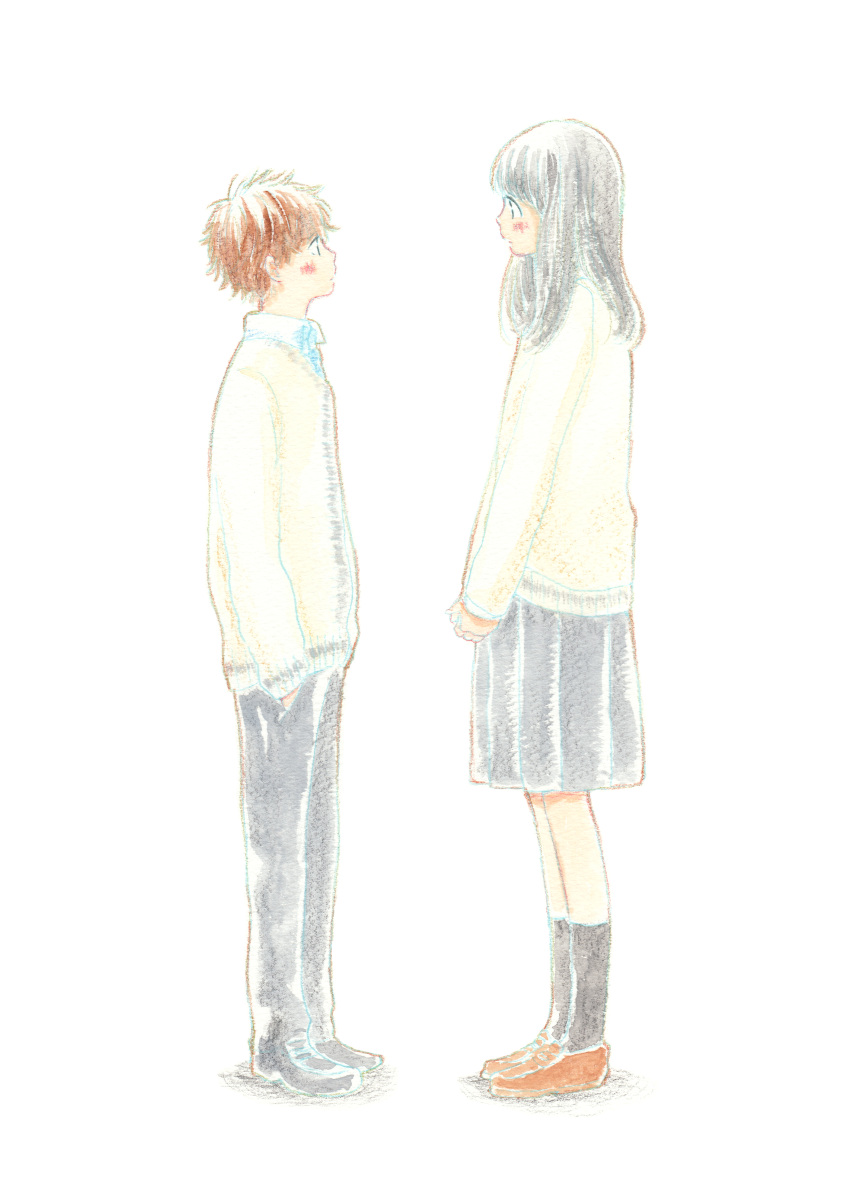 1boy, 1girl, :|, absurdres, backlighting, bangs, beige_cardigan, black_eyes
