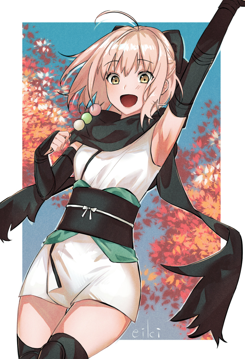 1girl, ahoge, arm_up, armpits, autumn_leaves, bangs, black_bow, black_scarf