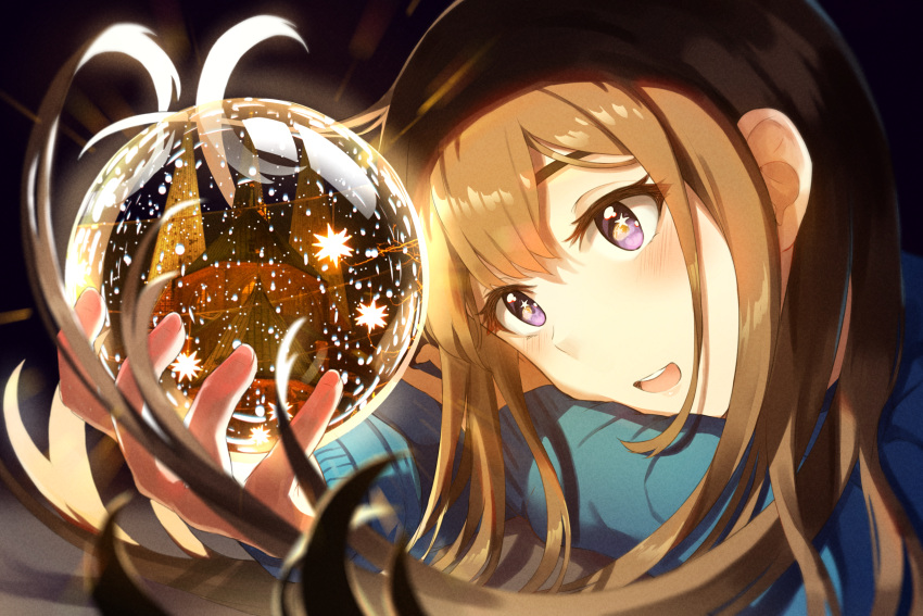 1girl, bangs, blush, brown_hair, christmas, christmas_tree, dark, h-appa