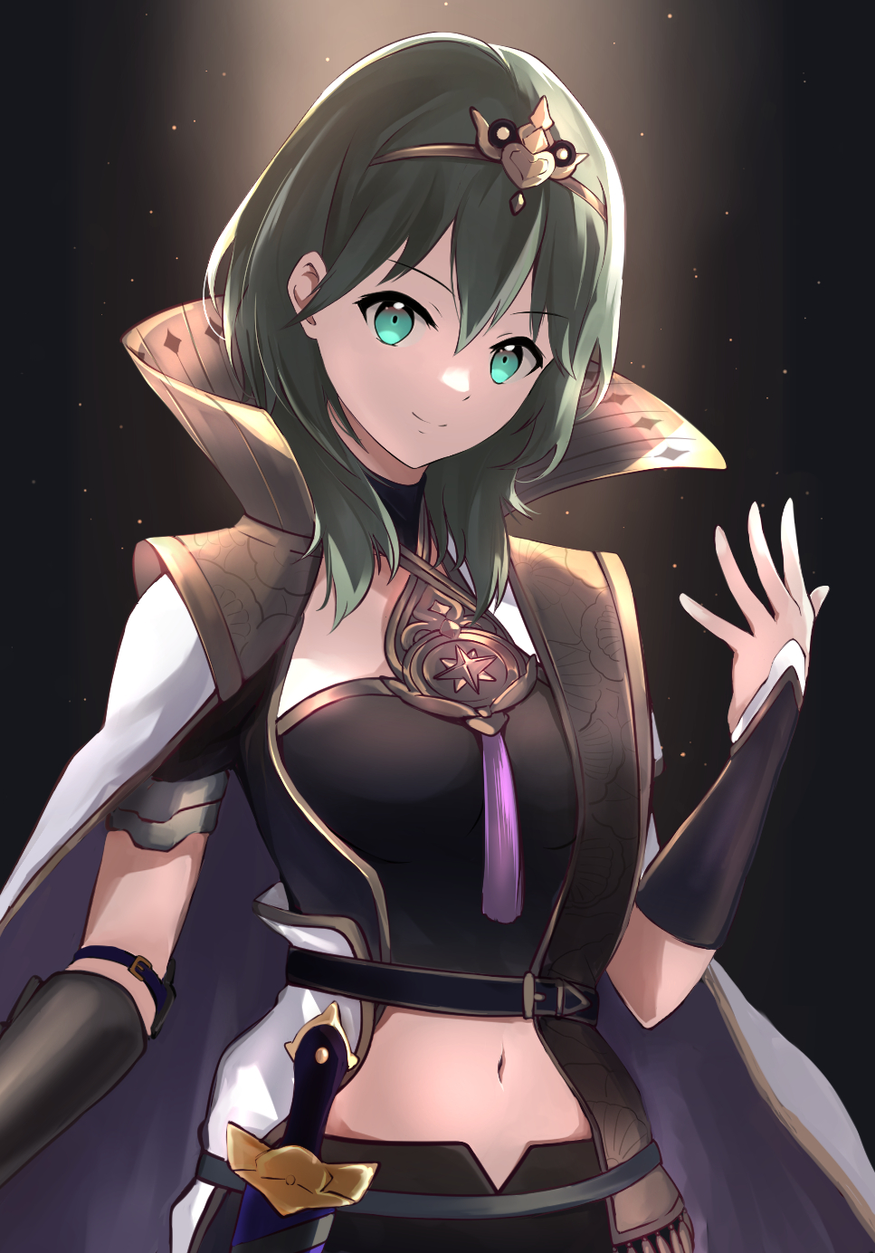 1girl, alternate_hair_color, bangs, black_background, black_shirt, black_shorts, breasts, byleth_(fire_emblem)