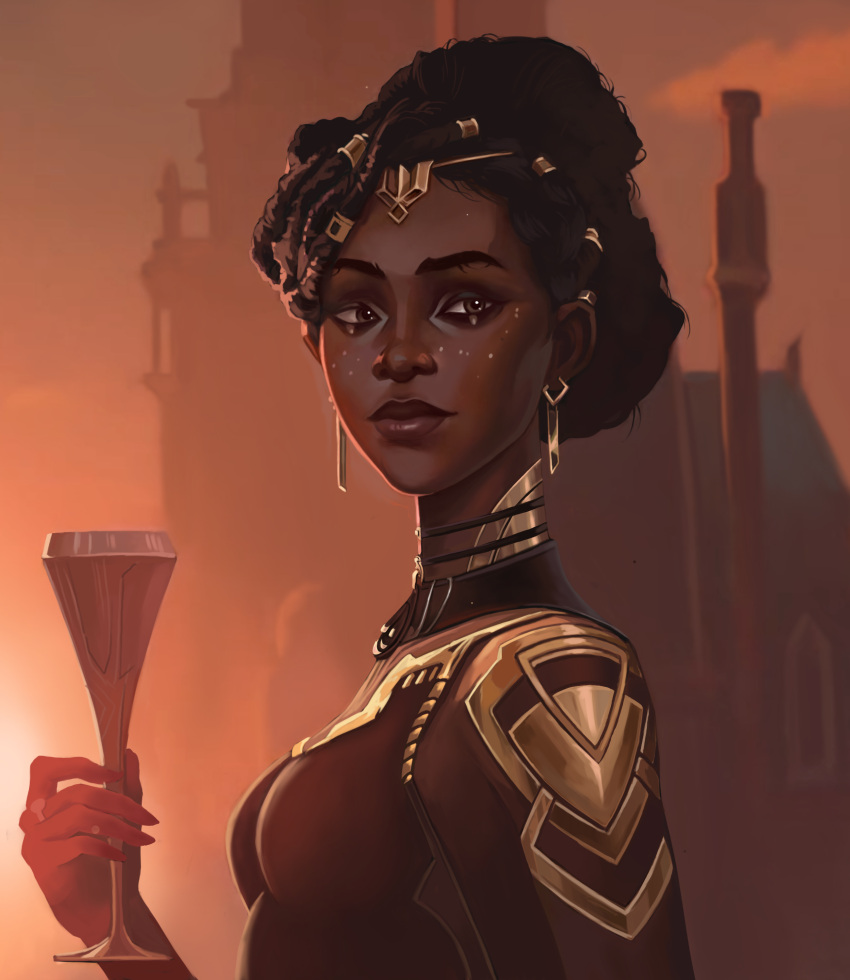 1girl, absurdres, arcane:_league_of_legends, artist_name, bangs, breasts, brown_dress, brown_eyes