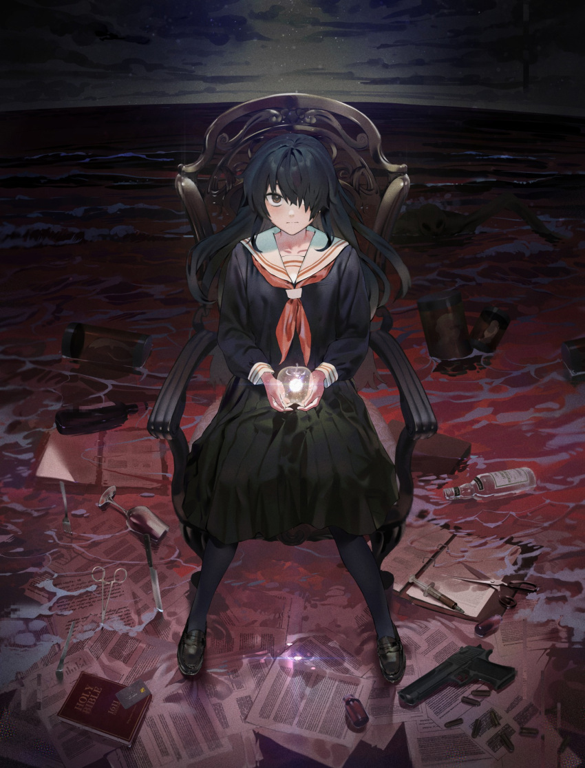 1girl, bible, black_hair, black_serafuku, chair, cup, desert_eagle, drinking_glass