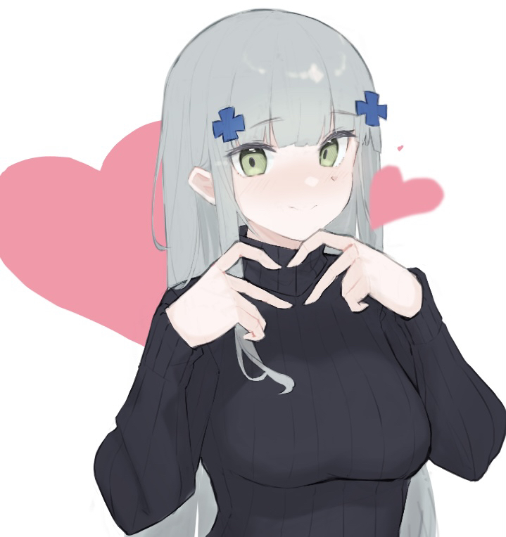 1girl, alternate_costume, bangs, black_sweater, blush, breasts, commentary, eyebrows_visible_through_hair, girls_frontline, green_eyes, grey_hair, hair_ornament, heart, heart_hands, hiepita97, hk416_(girls'_frontline), large_breasts, long_hair, long_sleeves, looking_at_viewer, ribbed_sweater, simple_background, smile, solo, sweater, upper_body, white_background