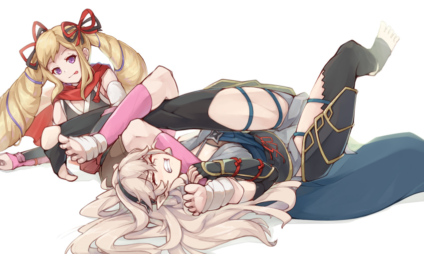 2girls, :p, armor, blonde_hair, blush, bow, clenched_teeth, corrin_(fire_emblem)