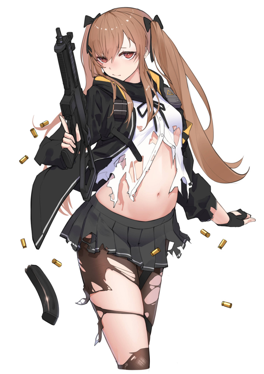 1girl, absurdres, apple_field, black_gloves, black_jacket, black_legwear, black_skirt, brown_eyes, brown_hair, fingerless_gloves, girls_frontline, gloves, gun, h&amp;k_ump9, heckler_&amp;_koch, highres, holding, holding_gun, holding_weapon, jacket, long_hair, long_sleeves, miniskirt, navel, pantyhose, pleated_skirt, rifle, scar, scar_across_eye, shirt, skirt, solo, submachine_gun, torn_clothes, torn_legwear, torn_shirt, torn_skirt, twintails, ump9_(girls'_frontline), weapon, white_shirt