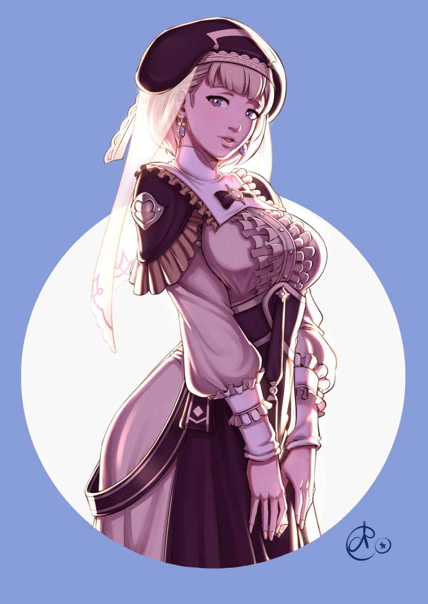 1girl, benoit_picard, blonde_hair, blue_eyes, breasts, corset, cowboy_shot, dress