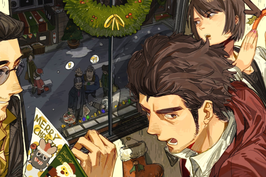 !, !?, 2girls, 6+boys, adachi_kouichi, afro, antlers, bag