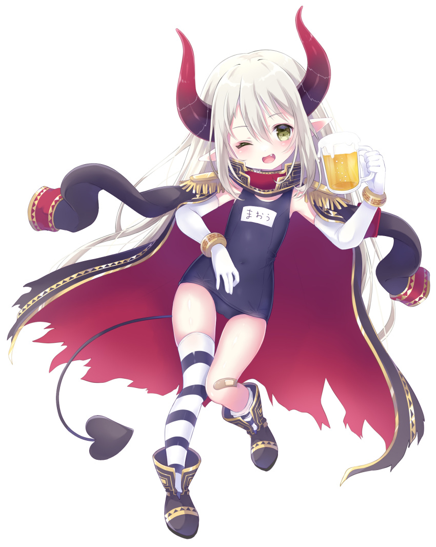 1girl, ;d, asymmetrical_legwear, bandaid, bandaid_on_knee, bangs, beer_mug, blue_swimsuit