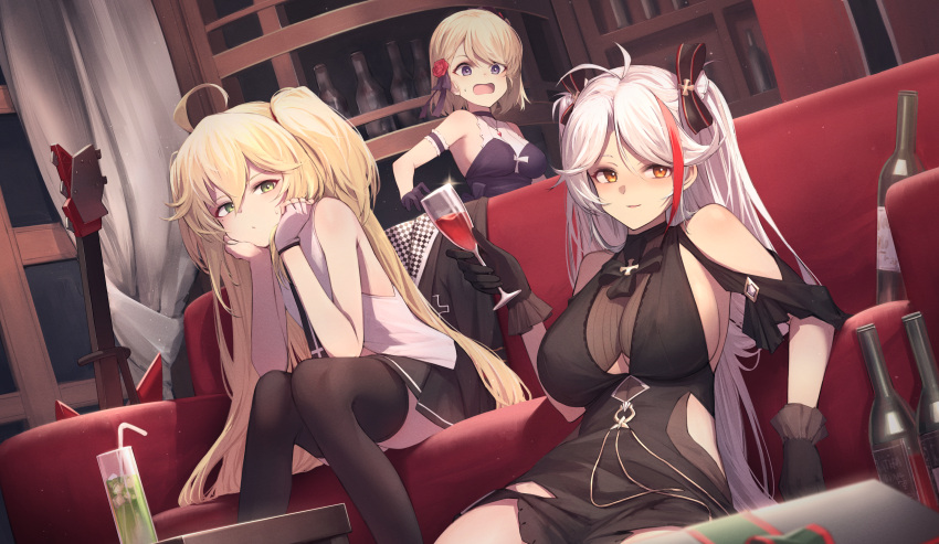 3girls, admiral_hipper_(azur_lane), admiral_hipper_(muse)_(azur_lane), azur_lane, bangs, bare_shoulders, blonde_hair, blush, breasts, couch, dress, green_eyes, highres, itaco, large_breasts, long_hair, looking_at_viewer, medium_breasts, multiple_girls, official_alternate_costume, open_mouth, orange_eyes, prinz_eugen_(azur_lane), short_hair, silver_hair, sitting, small_breasts, two_side_up, violet_eyes, z23_(azur_lane)