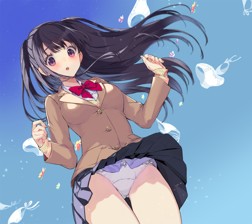 1girl, :o, bangs, black_hair, blue_sky, blush, bow, bow_panties