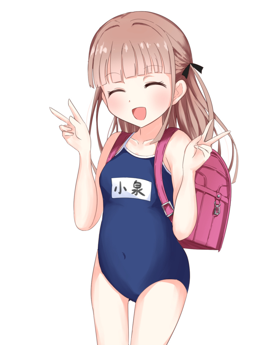 1girl, arms_up, backpack, bag, bangs, blue_swimsuit, blunt_bangs, closed_eyes