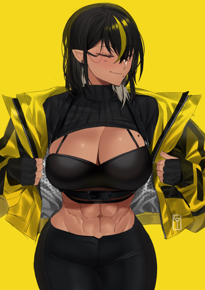 1girl, abs, belt, belt_buckle, black_hair, blonde_hair, breasts, buckle