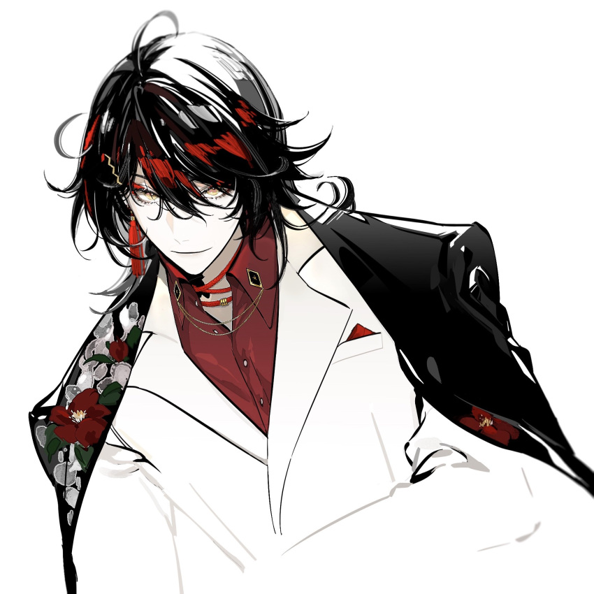 1boy, bangs, black_hair, black_jacket, caradocc, collared_shirt, crossed_arms, eyeshadow