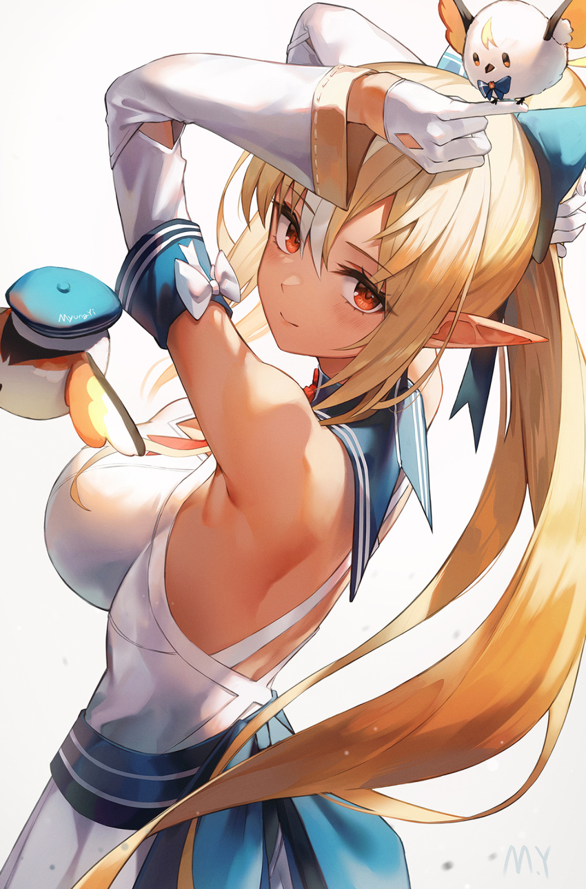 1girl, arms_up, artist_name, backless_dress, backless_outfit, bangs, beret, bird