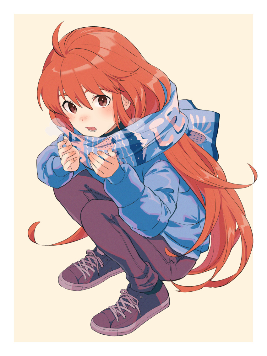 1girl, border, breathing_on_hands, brown_hair, celeste_(video_game), fuwamoko_momen_toufu, highres, long_hair