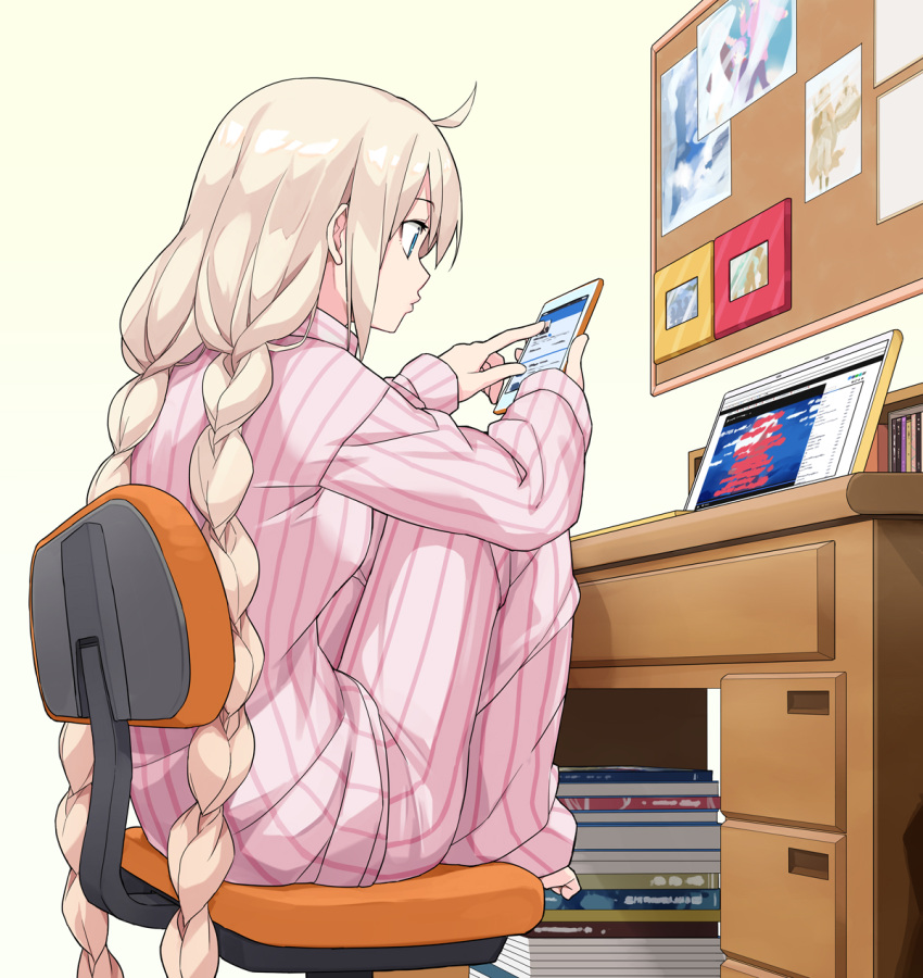 1girl, ahoge, barefoot, blue_eyes, book, book_stack, braid, bulletin_board