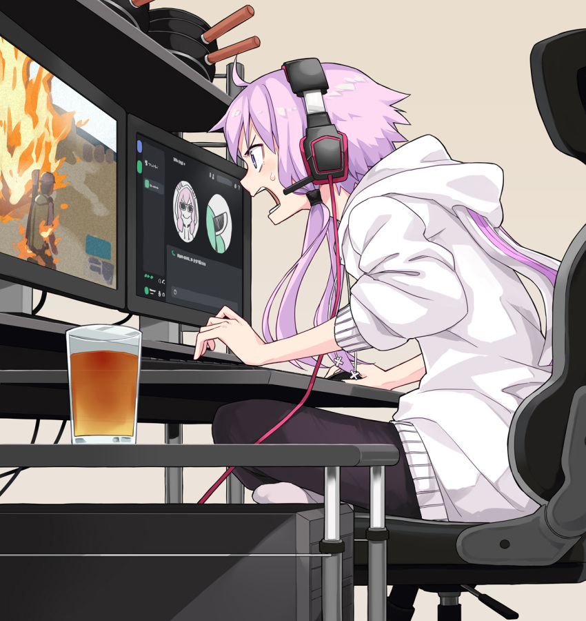 1girl, ahoge, animal_ears, animal_hood, black_legwear, bunny_hood, cable, chair