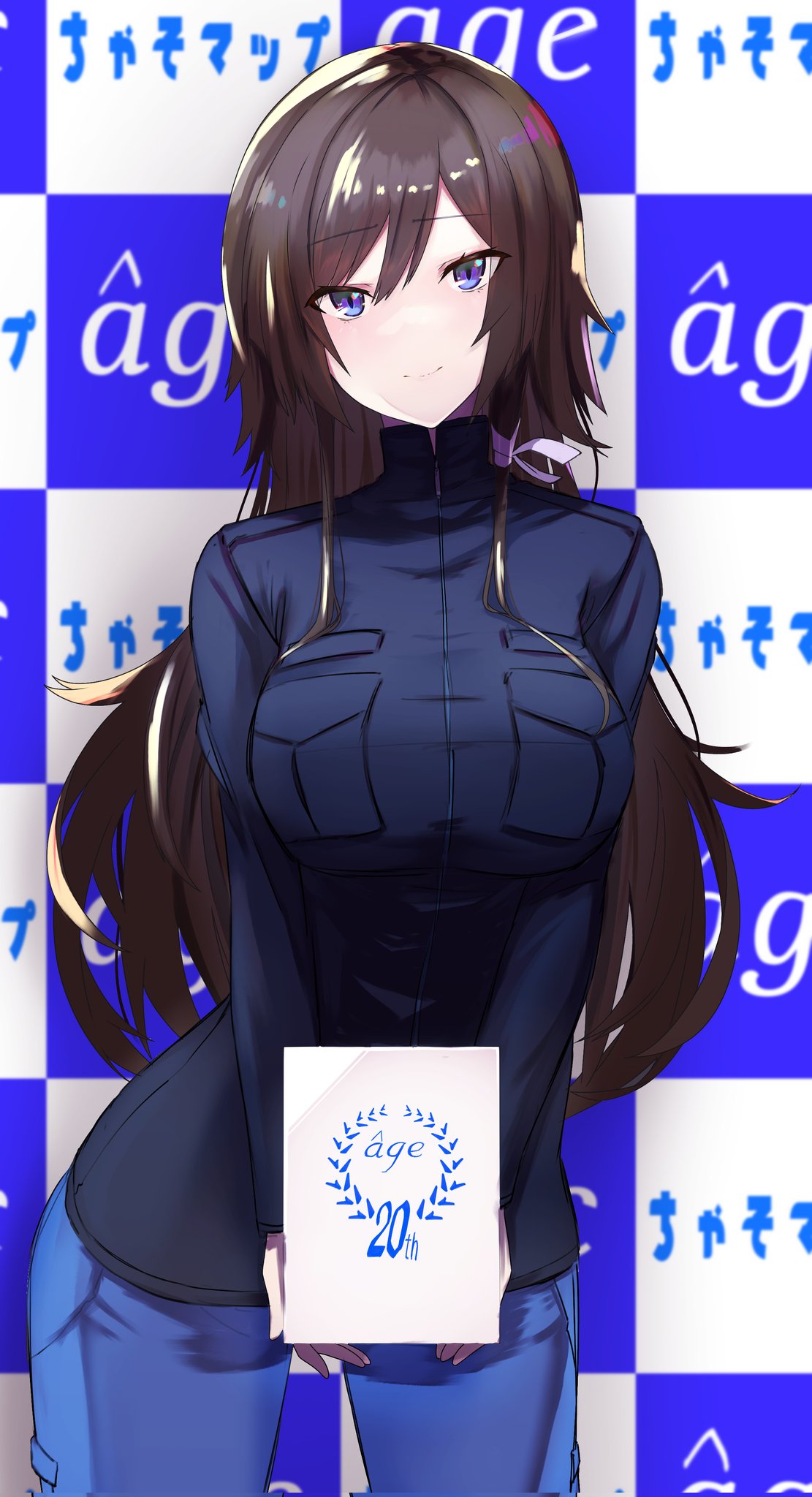 1girl, bangs, blue_jacket, blush, box, breasts, brown_hair, commission