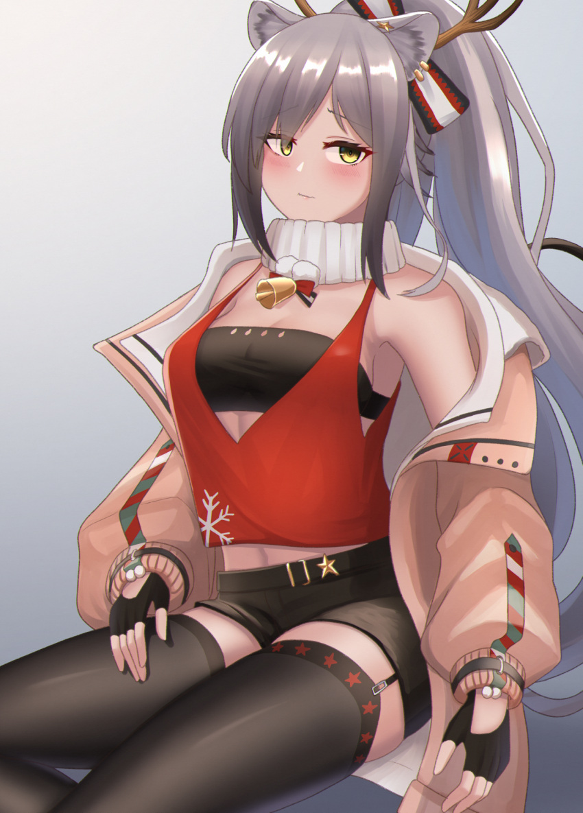 1girl, animal_ears, antlers, arknights, bakkasu150, bandeau, bare_shoulders, bell