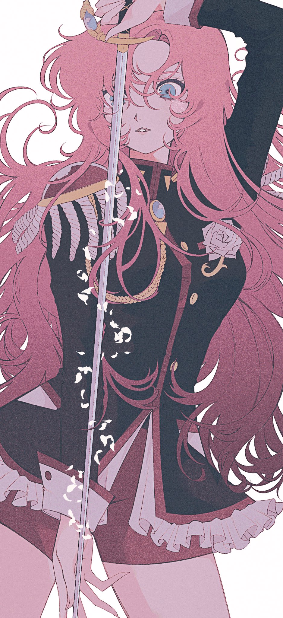 1girl, aiguillette, arm_up, bangs, bike_shorts, blue_eyes, commentary, cowboy_shot, epaulettes, flower, frills, highres, holding, holding_sword, holding_weapon, long_hair, long_sleeves, looking_at_viewer, parted_bangs, parted_lips, pikurusu, pink_hair, red_shorts, rose, shorts, shoujo_kakumei_utena, simple_background, solo, sword, sword_of_dios, symbol-only_commentary, tenjou_utena, weapon, white_background, white_flower, white_rose