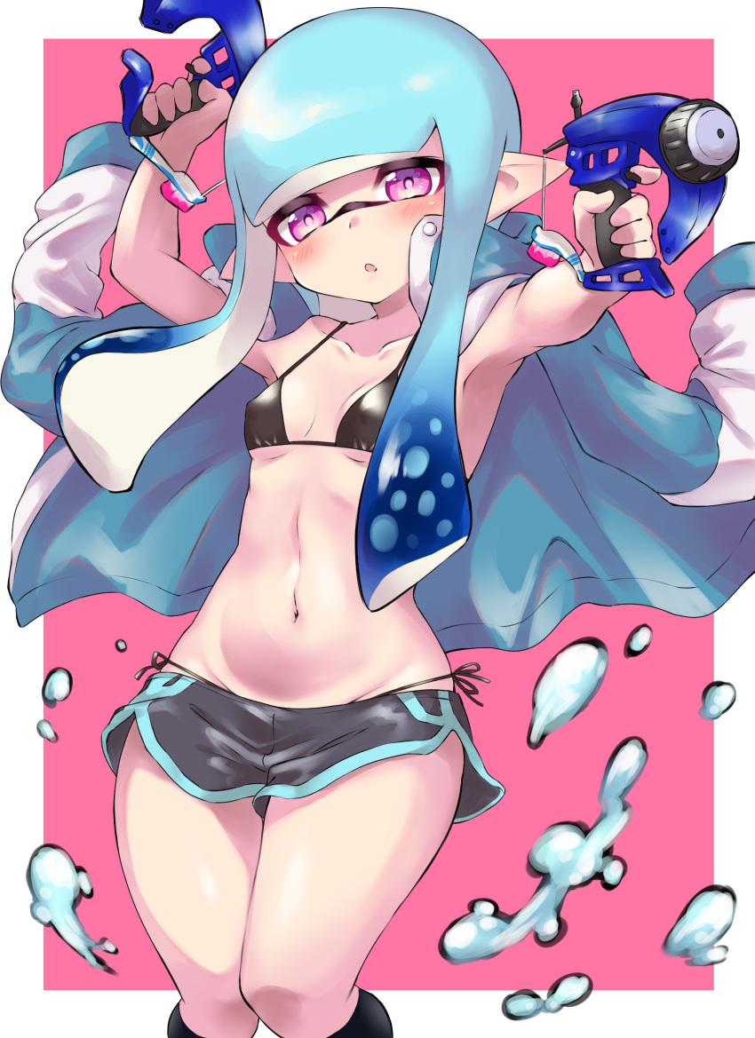 1girl, :o, air_bubble, arm_up, bangs, bikini, bikini_under_clothes, black_bikini