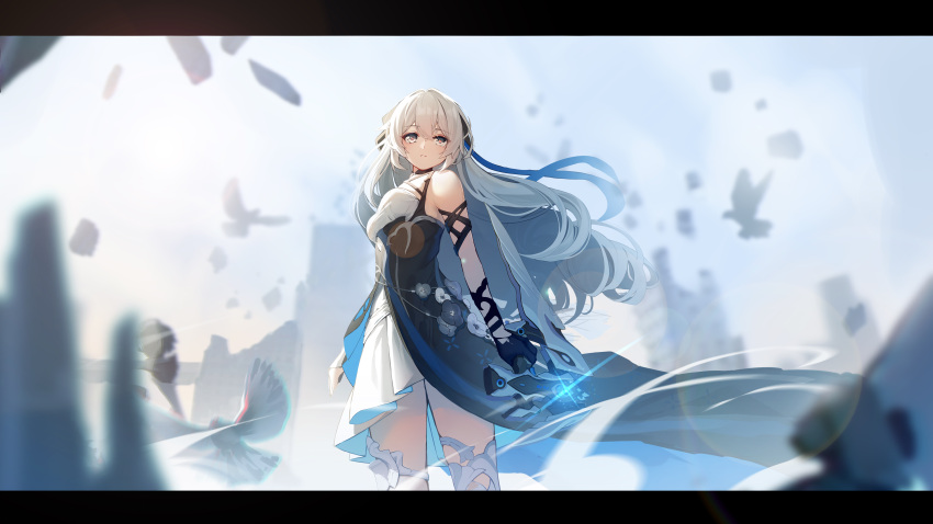 1girl, absurdres, artist_request, bangs, bare_shoulders, bird, black_gloves, blue_sky