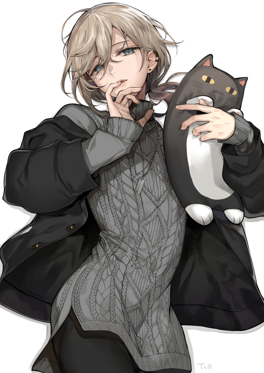 1boy, absurdres, black_jacket, brown_hair, dog_tags, ear_piercing, earrings, finger_to_mouth