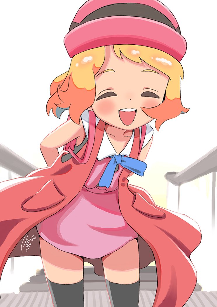 1girl, black_legwear, blonde_hair, blush, dress, hat, open_mouth, pokemon