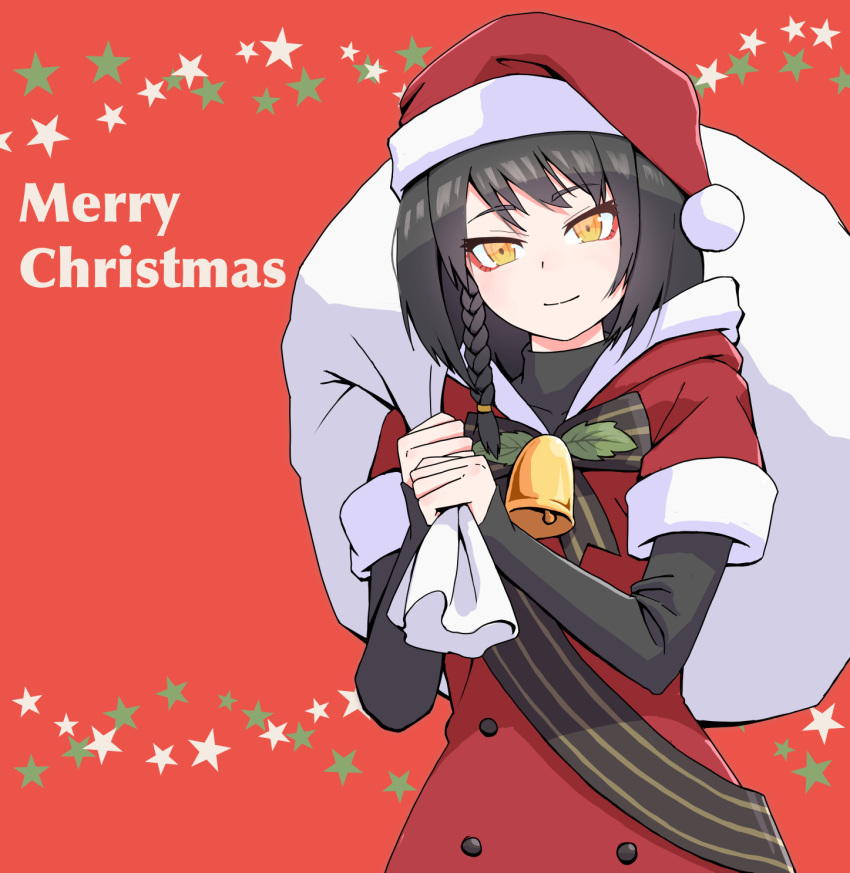 1girl, bell, black_shirt, braid, brown_hair, caws_(120_winter_gifts)_(girls'_frontline), caws_(girls'_frontline), christmas