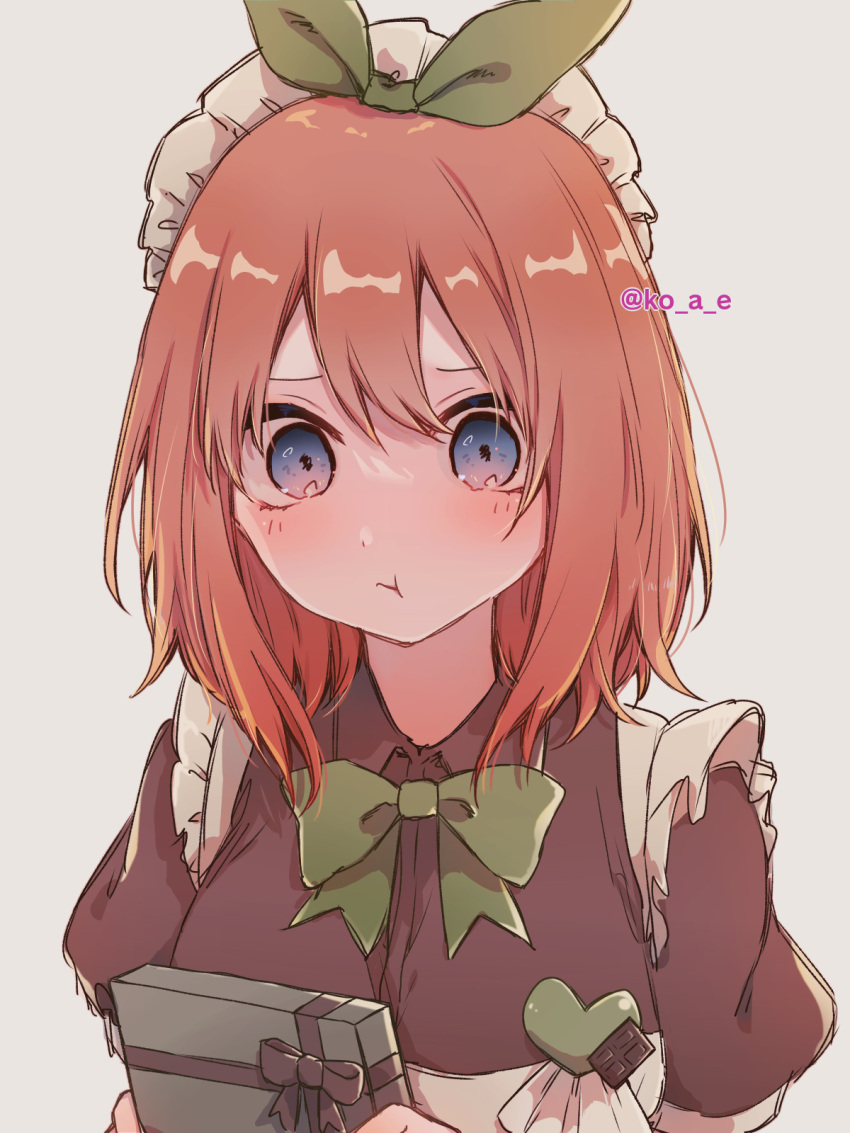 1girl, :t, badge, bangs, blue_eyes, blush, bow, bowtie, button_badge, closed_mouth, collared_shirt, commentary_request, gift, go-toubun_no_hanayome, green_bow, green_bowtie, green_ribbon, hair_ribbon, highres, holding, holding_gift, inami_koa, looking_at_viewer, maid_headdress, medium_hair, nakano_yotsuba, orange_hair, pout, puffy_sleeves, red_shirt, ribbon, sanpaku, shirt, short_sleeves, solo, twitter_username, upper_body, valentine, white_background